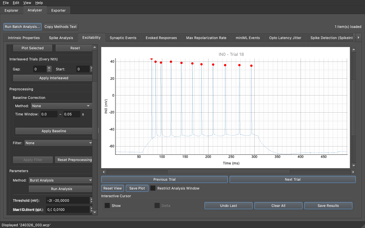Burst Analysis interface