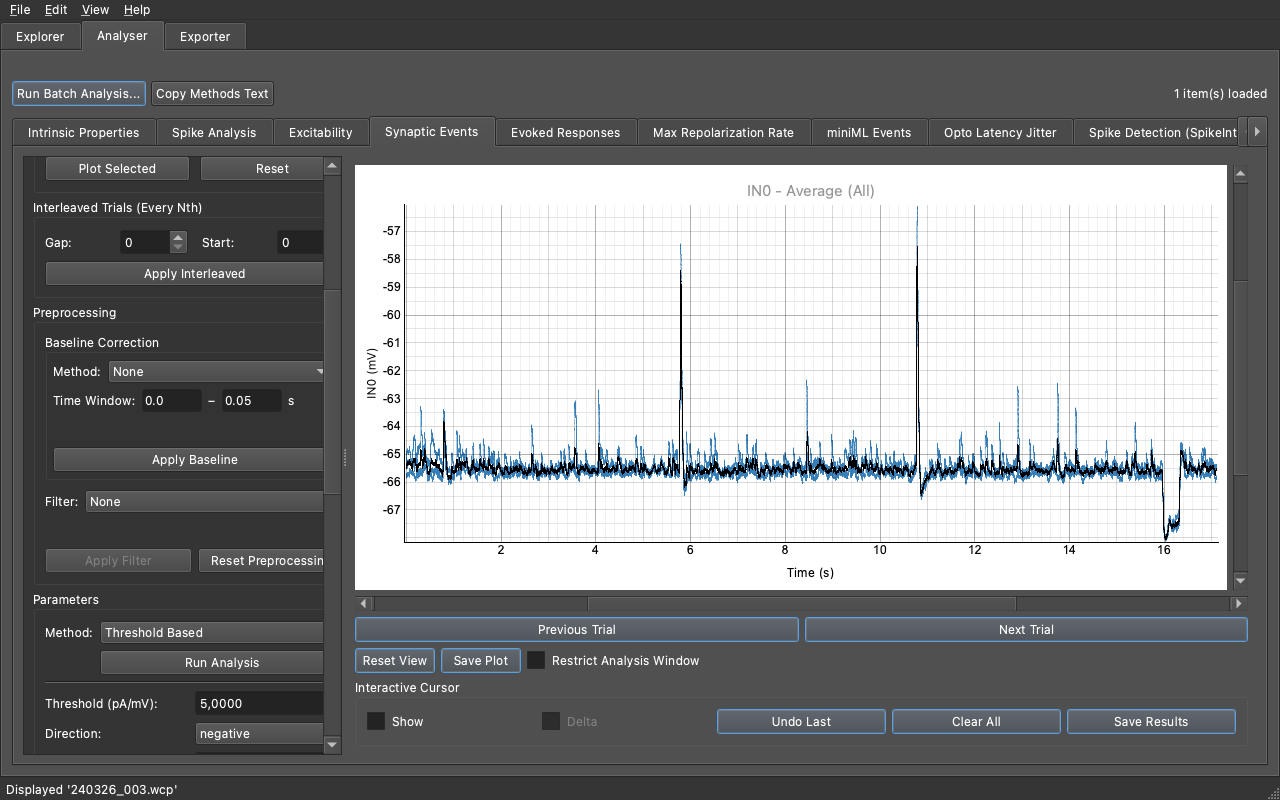 Synaptic Events tab