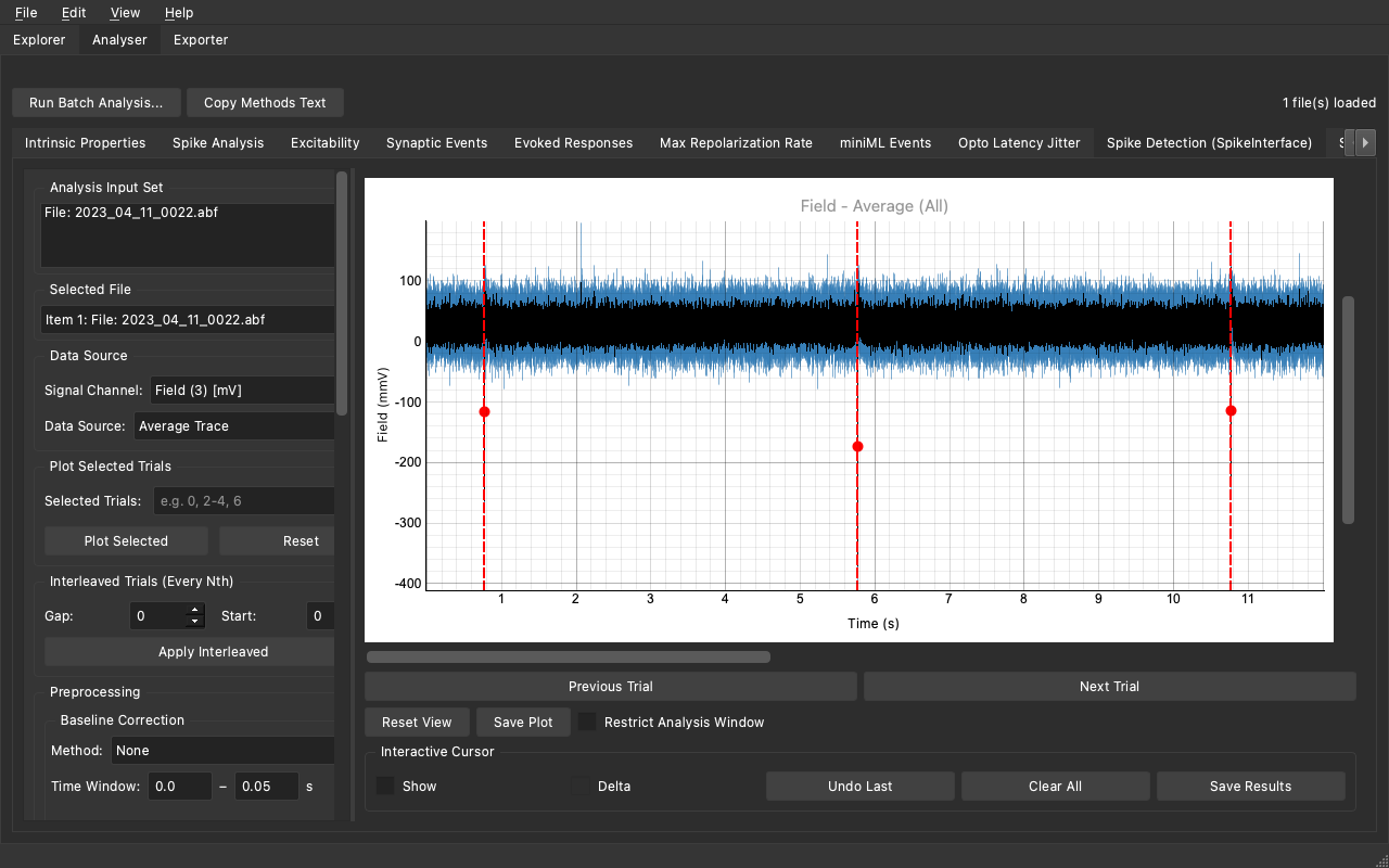 SpikeInterface plugin - 3 spikes detected