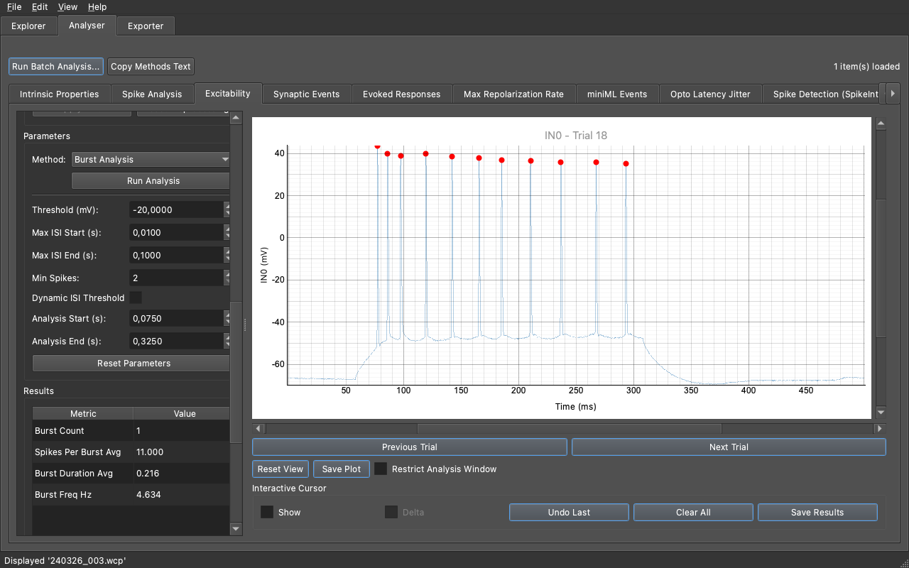 Burst Analysis interface
