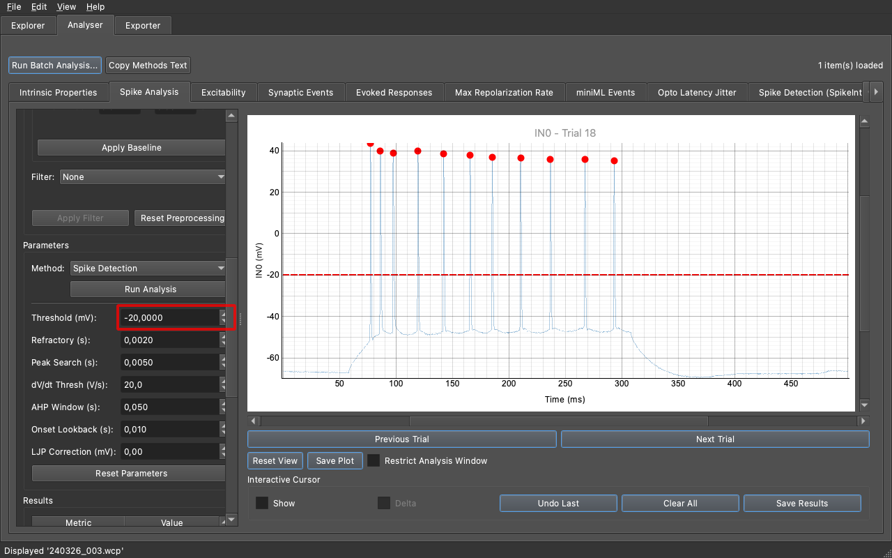 Spike Detection interface